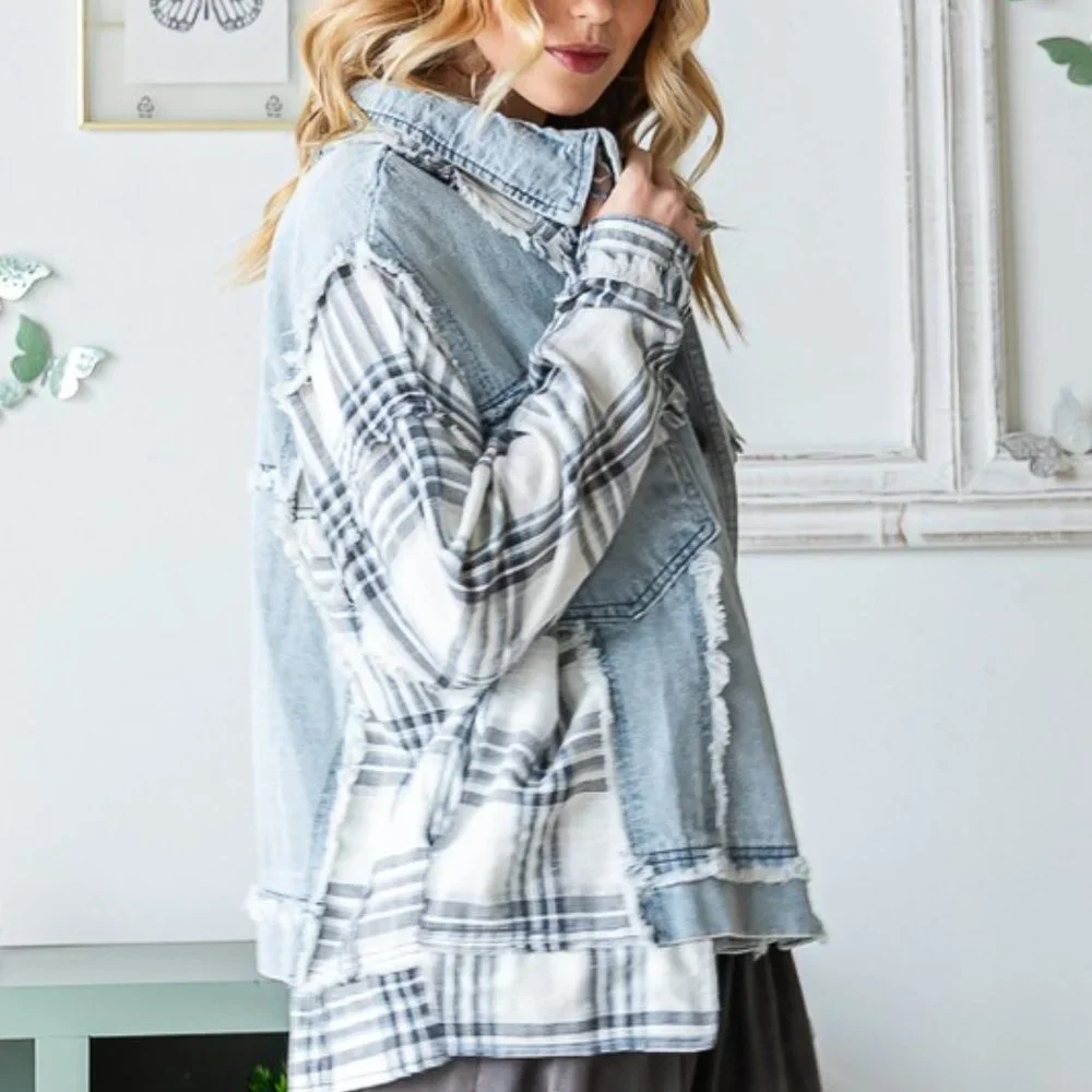LAST ONE 😊 Oli & Hali Plaid Mixed Mineral Washed Relaxed Fit Denim Jacket - Picture 4 of 5